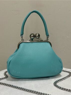 Turquoise Cowhide Calfskin Handmade Kisslock Frame Bag, Crossbody